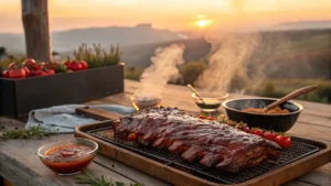 Juicy beef back ribs on a grill with BBQ sauce and smoke.