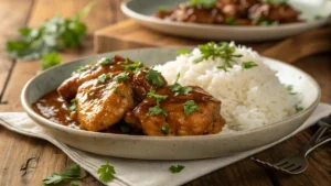 Bourbon street chicken served with rice on a rustic table.