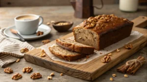 Homemade Starbucks banana bread slice with walnuts