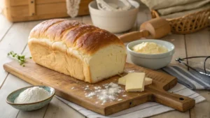 Freshly baked loaf of Amish White Bread with rustic kitchen elements.