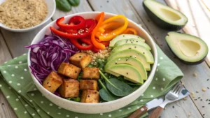 Colorful vegan tofu bowl with crispy tofu, fresh vegetables, and quinoa.